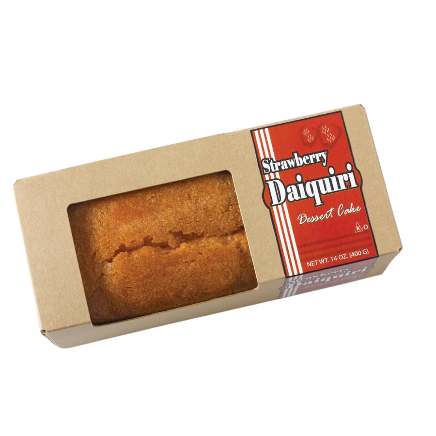 A packaged Strawberry Daiquiri Liqueur Cake in a cardboard box with a clear window showing the cake inside.