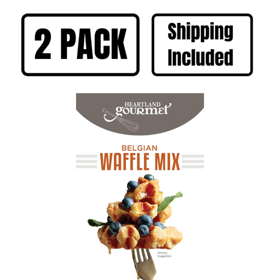 Front angle photo of Heartland Gourmet's Belgian Waffle Mix with 2 Pack and Shipping Included text at top.