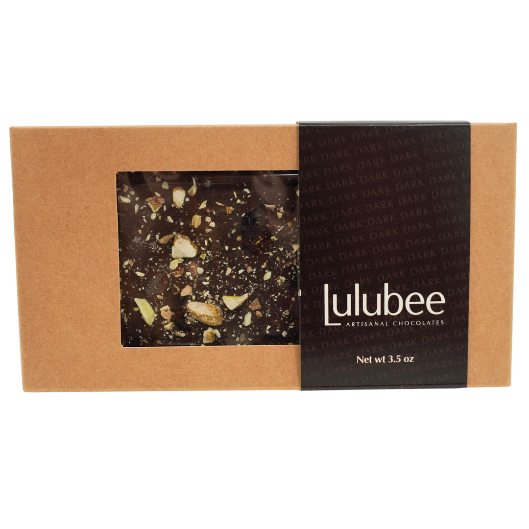 Lulubee chocolate bar in a brown box on a white background