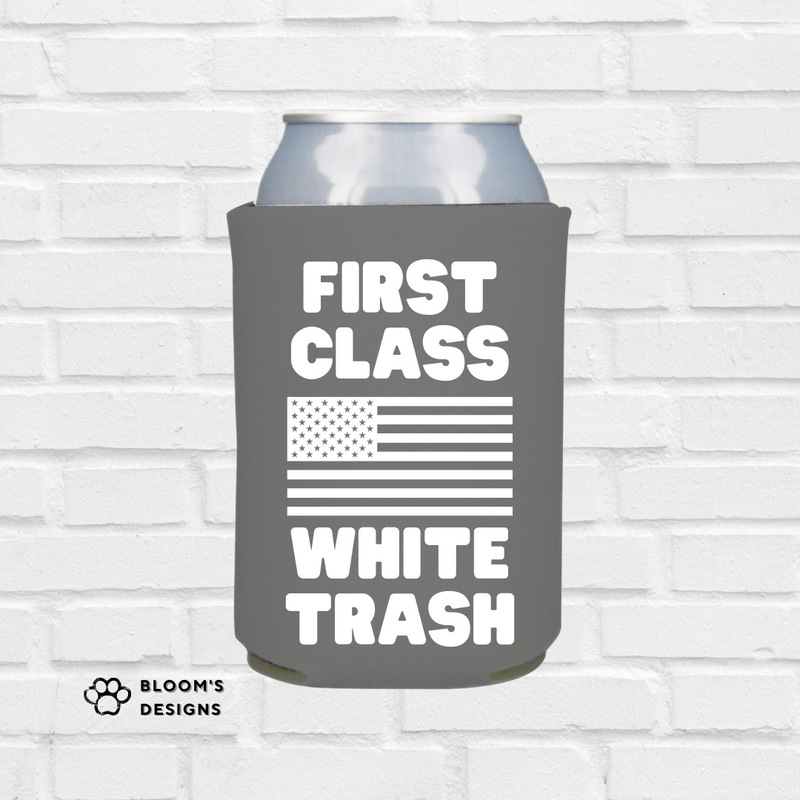Printed Can Koozie | First Class White Trash Inspired Design | American Flag Feature | Gray | Collapsible Foam Can Cooler