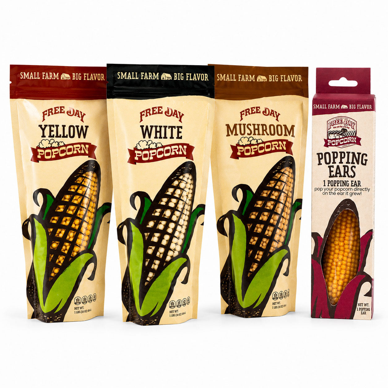 Four packages of Free Jay Popcorn with corn illustrations on a white background