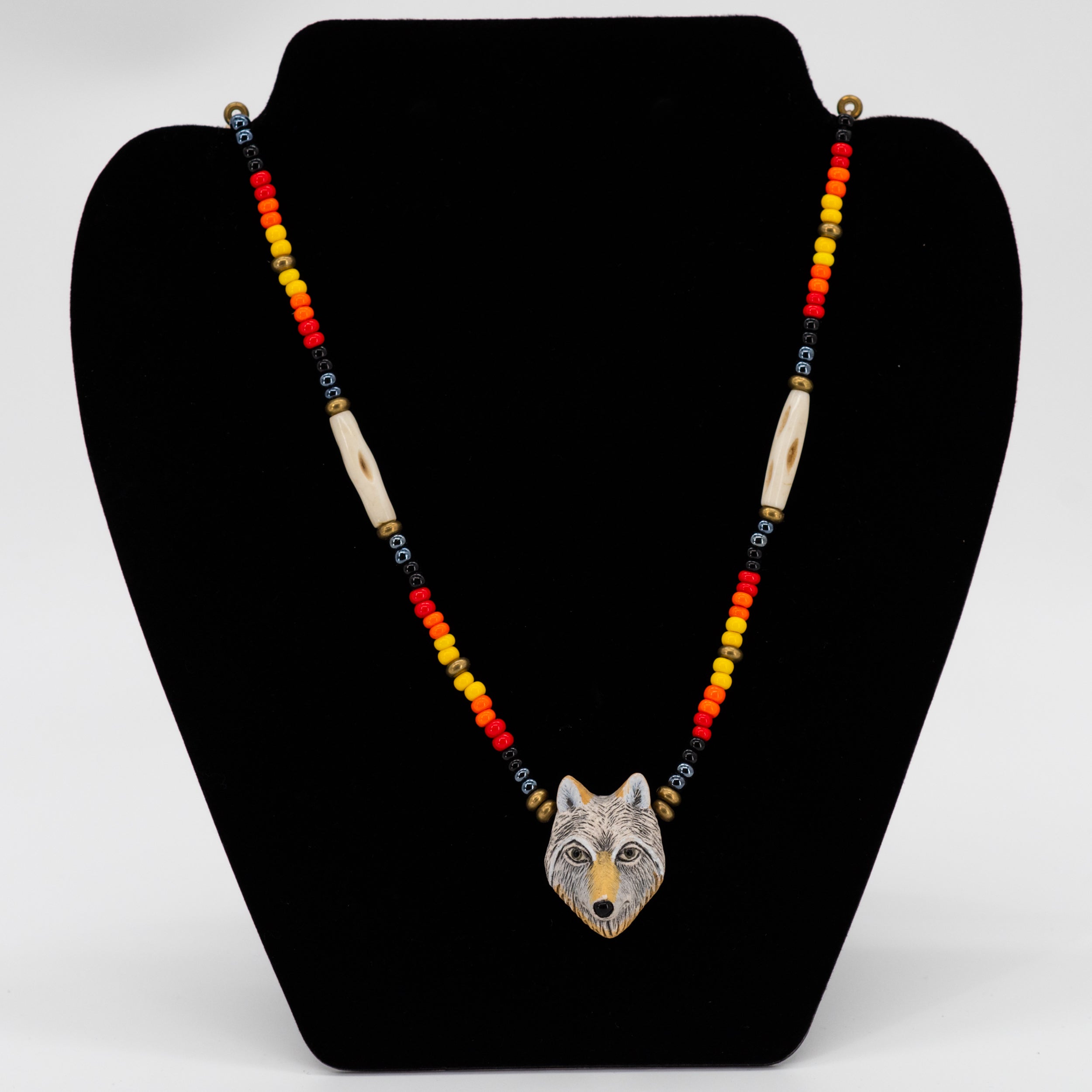 Colorful Beaded Necklace With Wolf Pendant | Handmade by Oglala