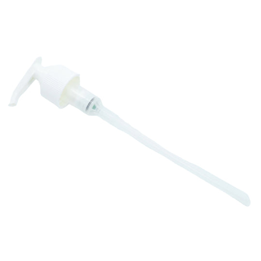 A white plastic lotion or soap pump dispenser with a long spout.