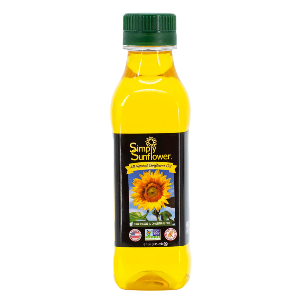 A bottle of Simply Sunflower brand sunflower oil, 8 oz size, with a yellow label featuring an image of a sunflower.
