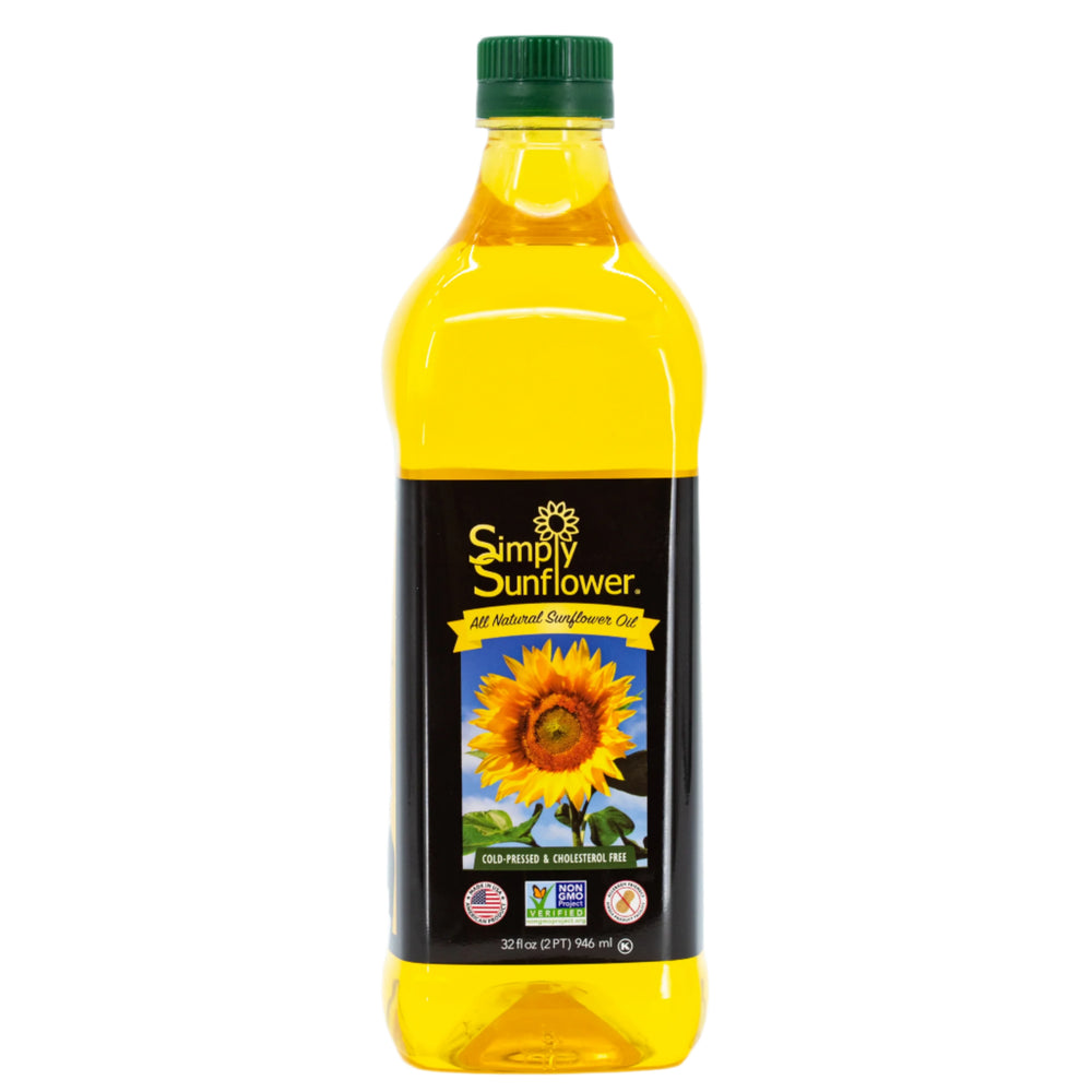 A bottle of Simply Sunflower all natural sunflower oil in a 32 oz size, with a label showing a sunflower and the brand's logo.