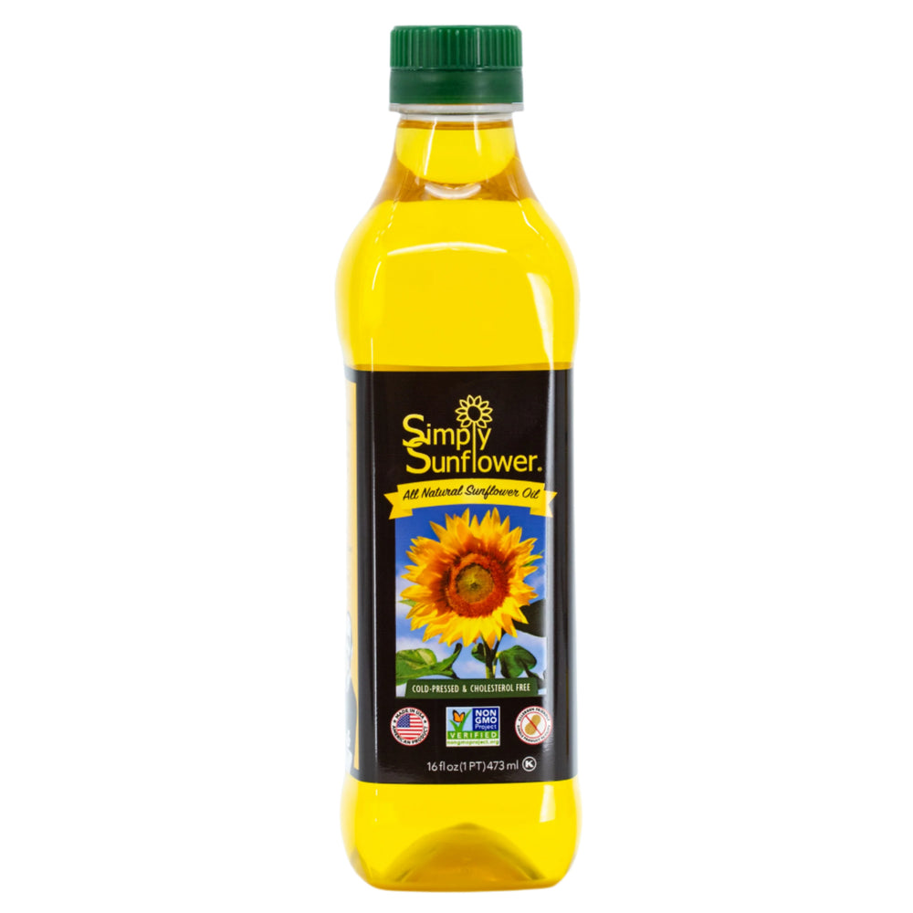 Bottle of Simply Sunflower oil with a green cap on a white background