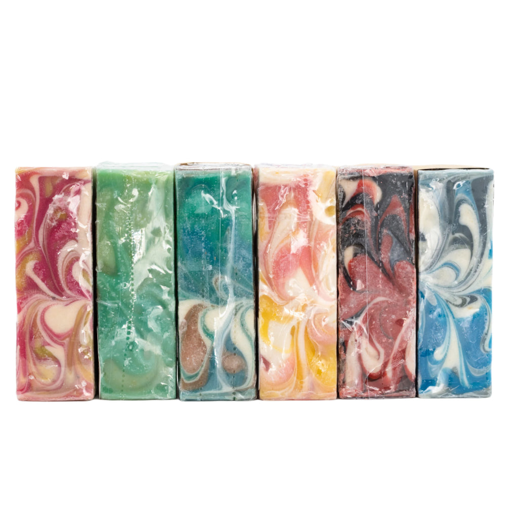 Six colorful soaps in a row