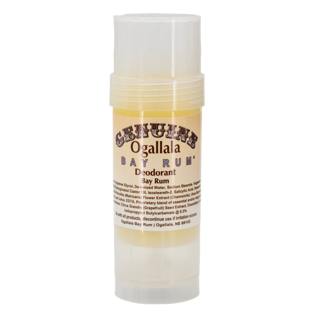 A stick deodorant with a white label that reads 'Ogallala Bay Rum Deodorant' in black text, housed in a twist-up tube packaging.