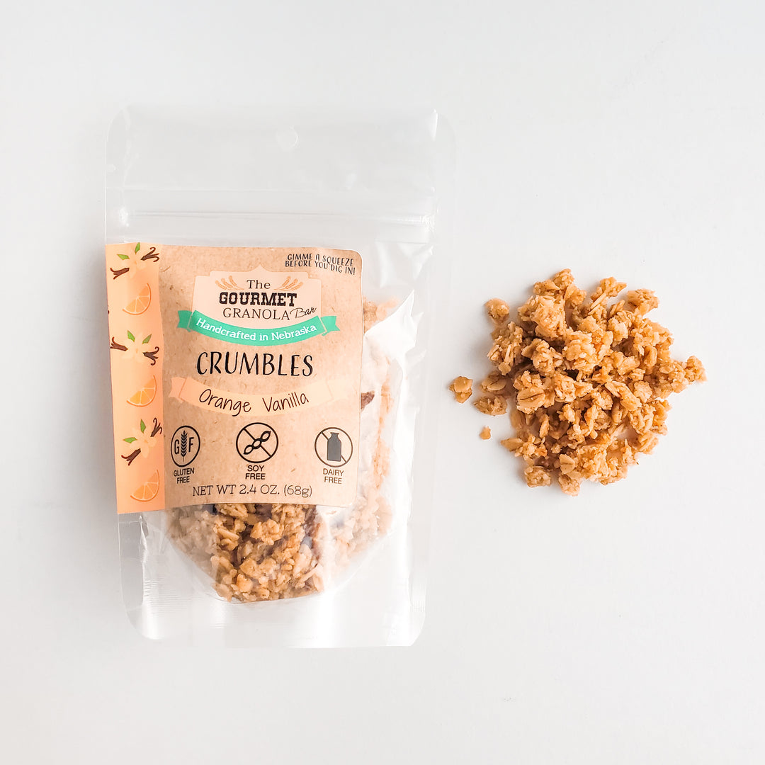 Orange Vanilla Crumbles | 2.4 oz. Bag | Vegan | Hints of Refreshing Citrus | Made in Omaha, NE | The Gourmet Granola