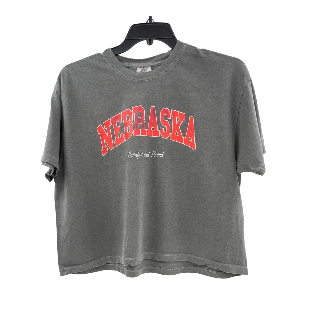 Gray t-shirt with 'NEBRASKA' printed in red on a hanger against a white background