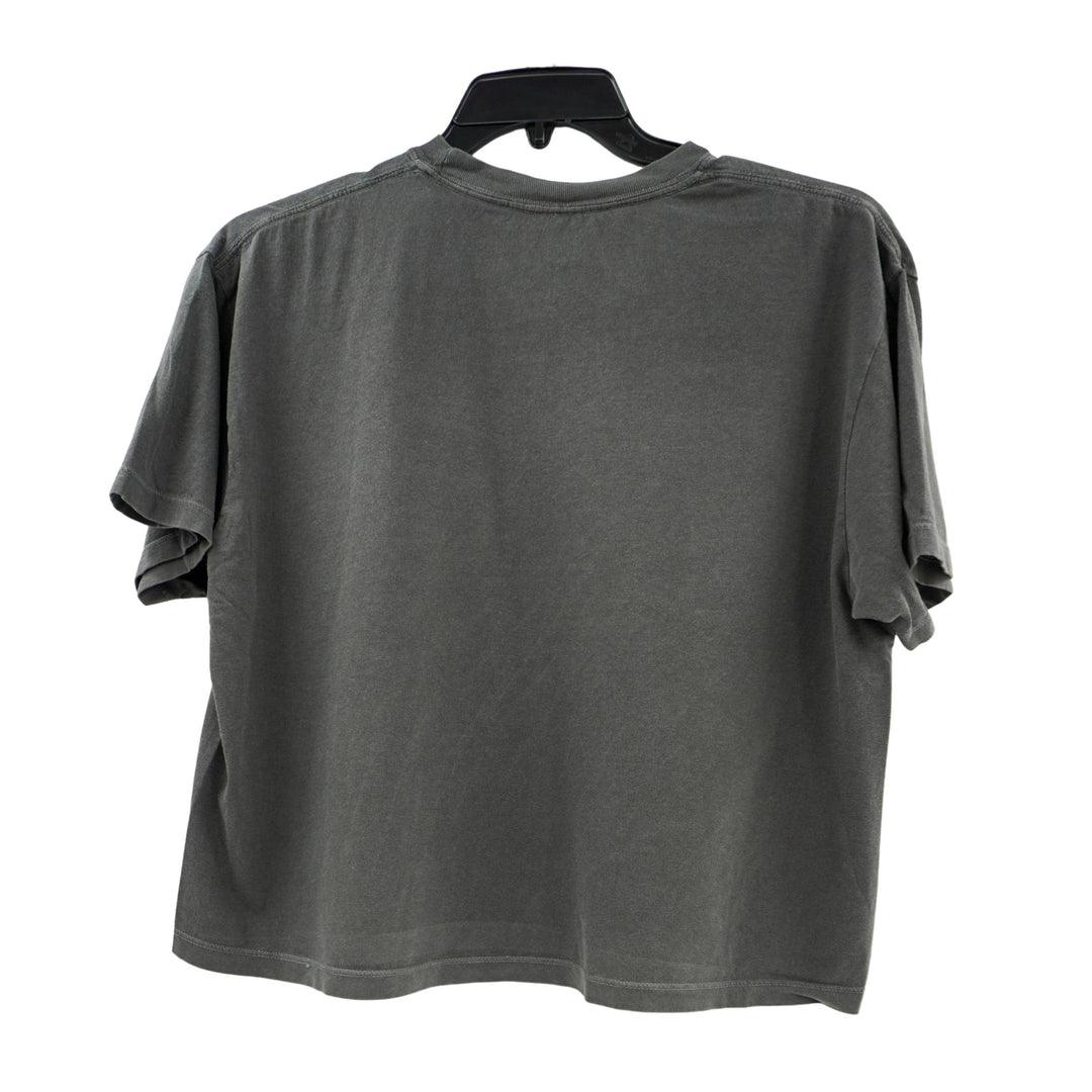 Gray t-shirt on a hanger against a white background