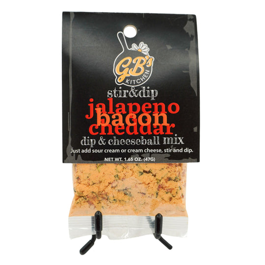 Packaged jalapeno bacon cheddar dip & cheeseball mix with GB's Kitchen branding.