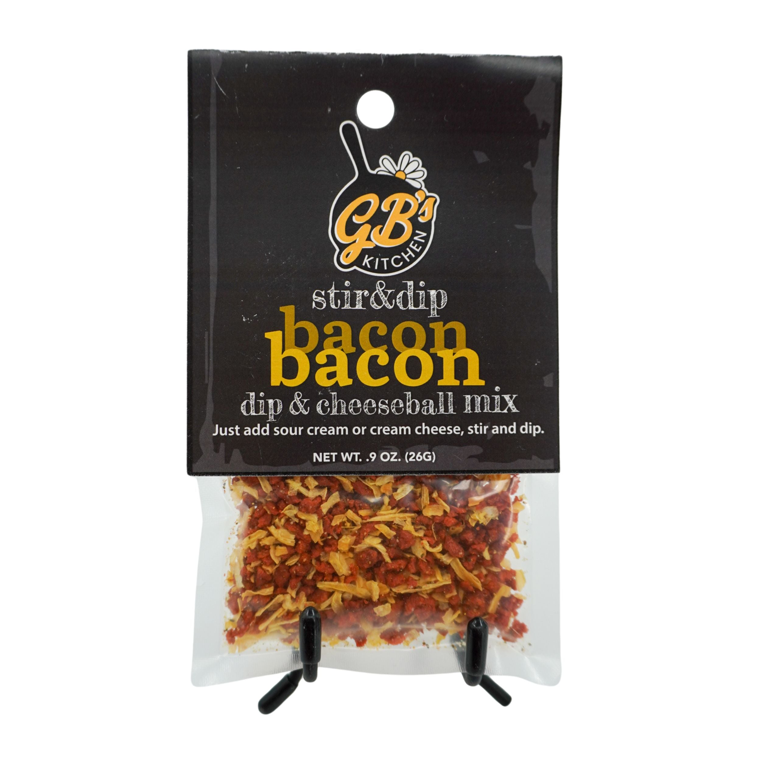 Packaged bacon dip and cheeseball mix with GB's Kitchen branding on a white background