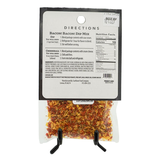 Bacon-flavored dip mix package with directions and nutrition facts on a white background