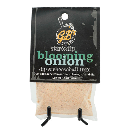 Package of GB's Kitchen blooming onion dip and cheeseball mix on a white background