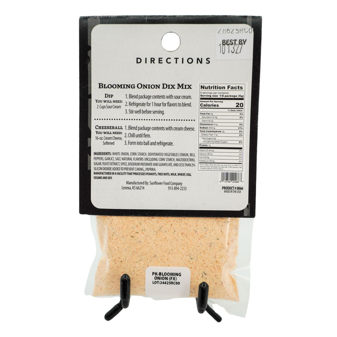 Blooming Onion Dix Mix package with directions and nutrition facts on a white background