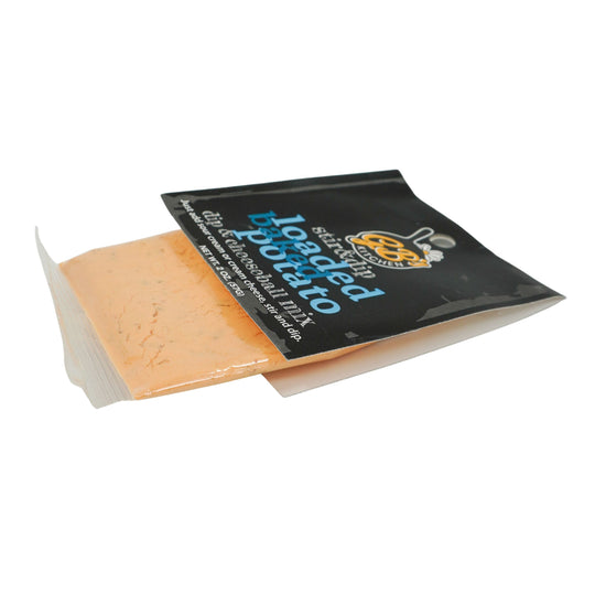 Packaged product with a black label on a white background