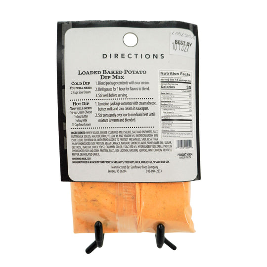 Package of loaded baked potato dip mix with directions and nutrition facts on a white background