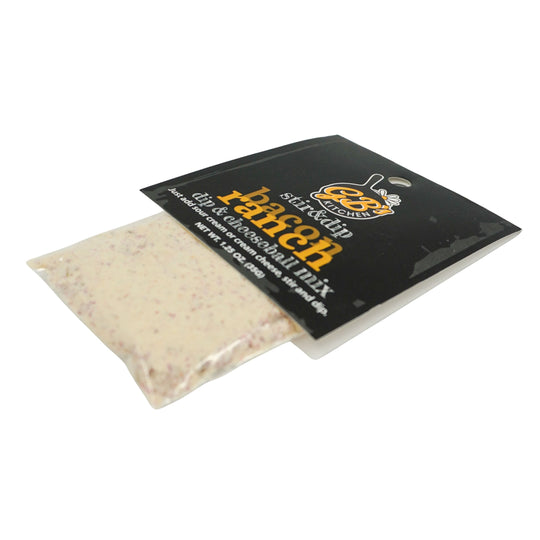 Packaged bacon ranch mix with a black label on a white background
