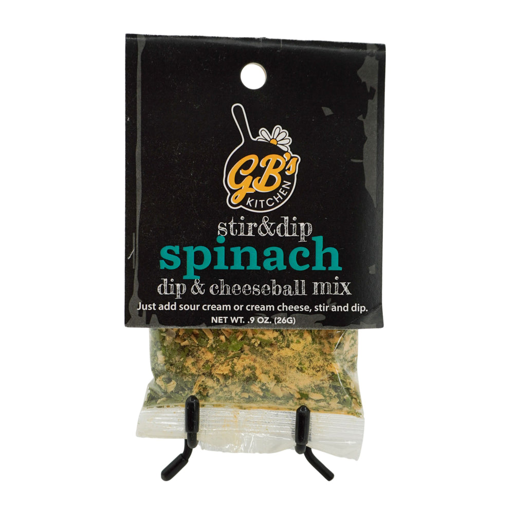 GB's Kitchen spinach dip and cheeseball mix packaging on a white background