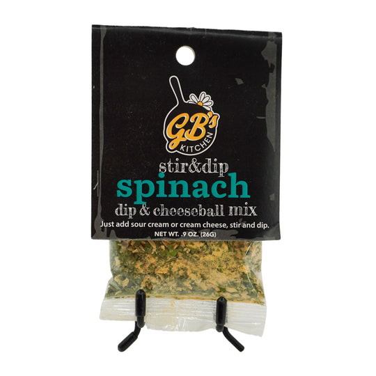 GB's Kitchen spinach dip and cheeseball mix packaging on a white background