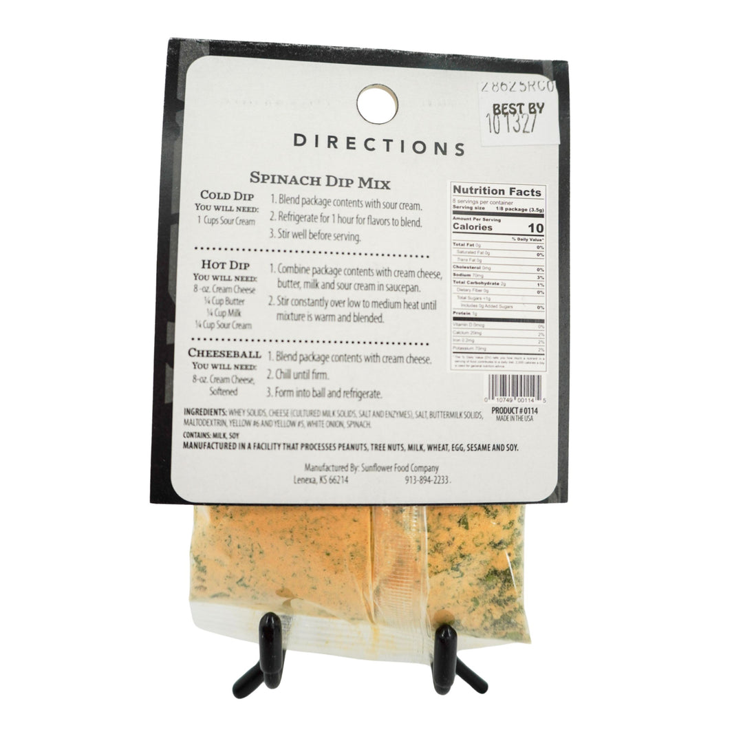 Spinach dip mix package with directions and nutrition facts on a white background
