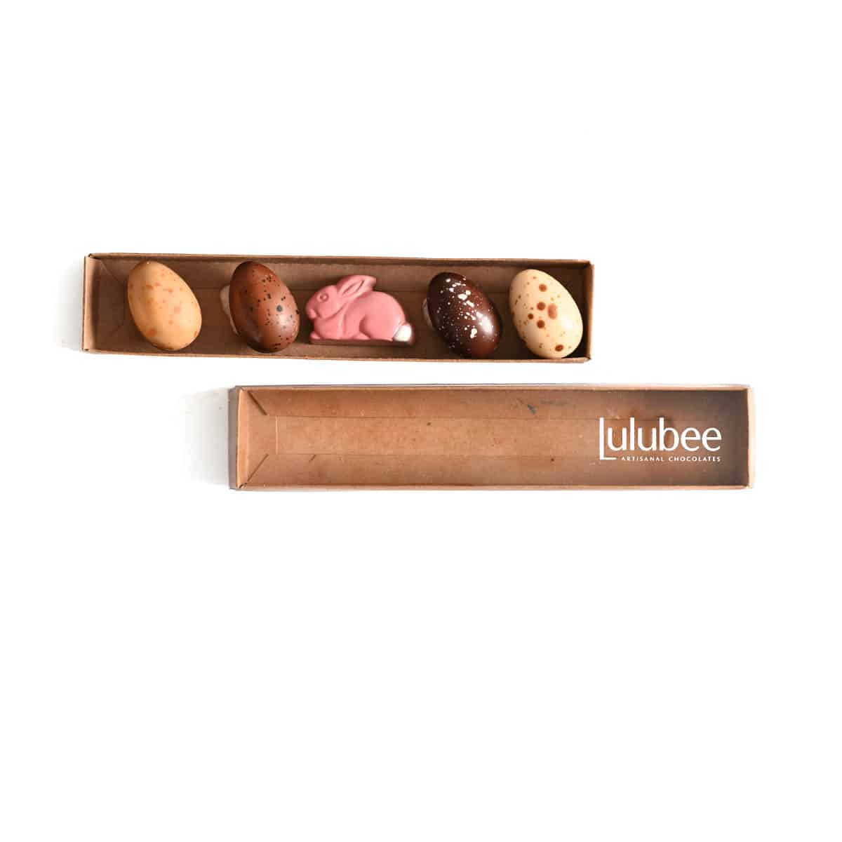 Chocolate candies in a cardboard box with Lulubee branding on a white background