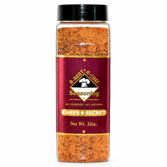 A bottle of A-Rent-A-Chef seasoning with a red label on a white background