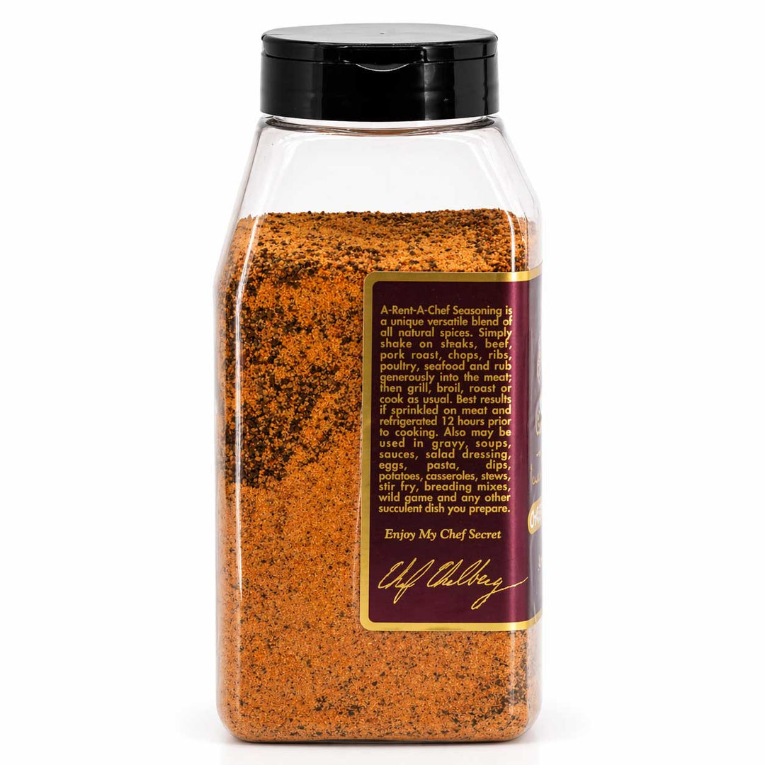 Spice jar with a black lid and gold label on a white background