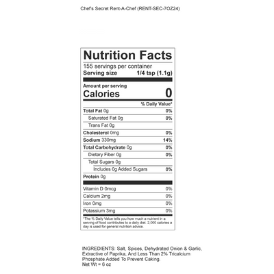 Nutrition Facts For A-Rent-Chef Chef's Secret All Purpose Seasoning