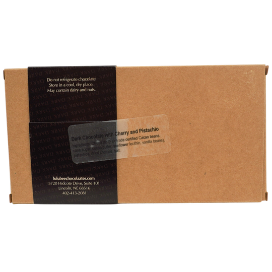 Brown chocolate box with black label on a white background