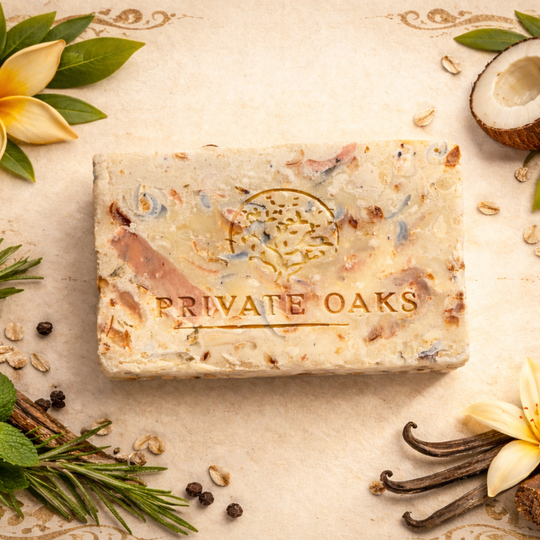 Bar of Private Oaks soap with natural elements on a light background