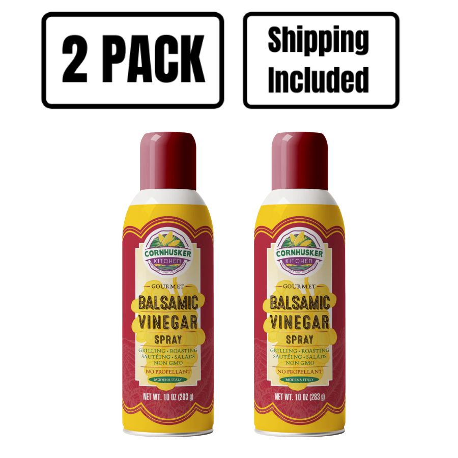 Two Cornhusker Kitchens Balsamic Vinegar Sprays with red cap on a white background