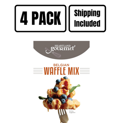 Front angle photo of Heartland Gourmet's Belgian Waffle Mix with 4 Pack and Shipping Included text at top.