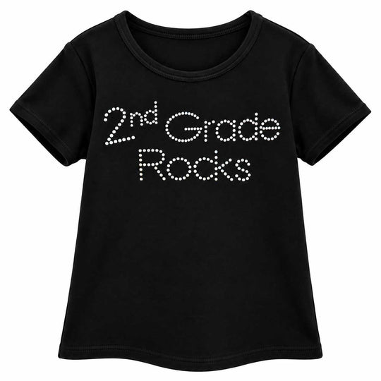 A black short-sleeve t-shirt with '2nd Grade Rocks' printed across the chest in white rhinestone-style lettering, shown on a plain white background.
