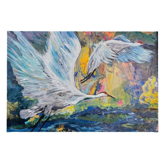 Large Canvas Crane Painting | 18" x 12" | Hand-Painted | Sheryll Hickman Art