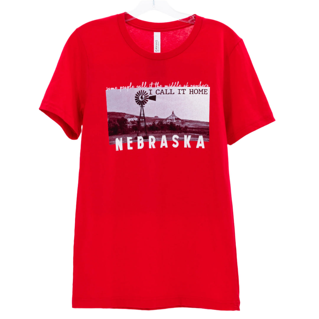 A heather red t-shirt with a graphic print of a windmill and the text 'NEBRASKA'.