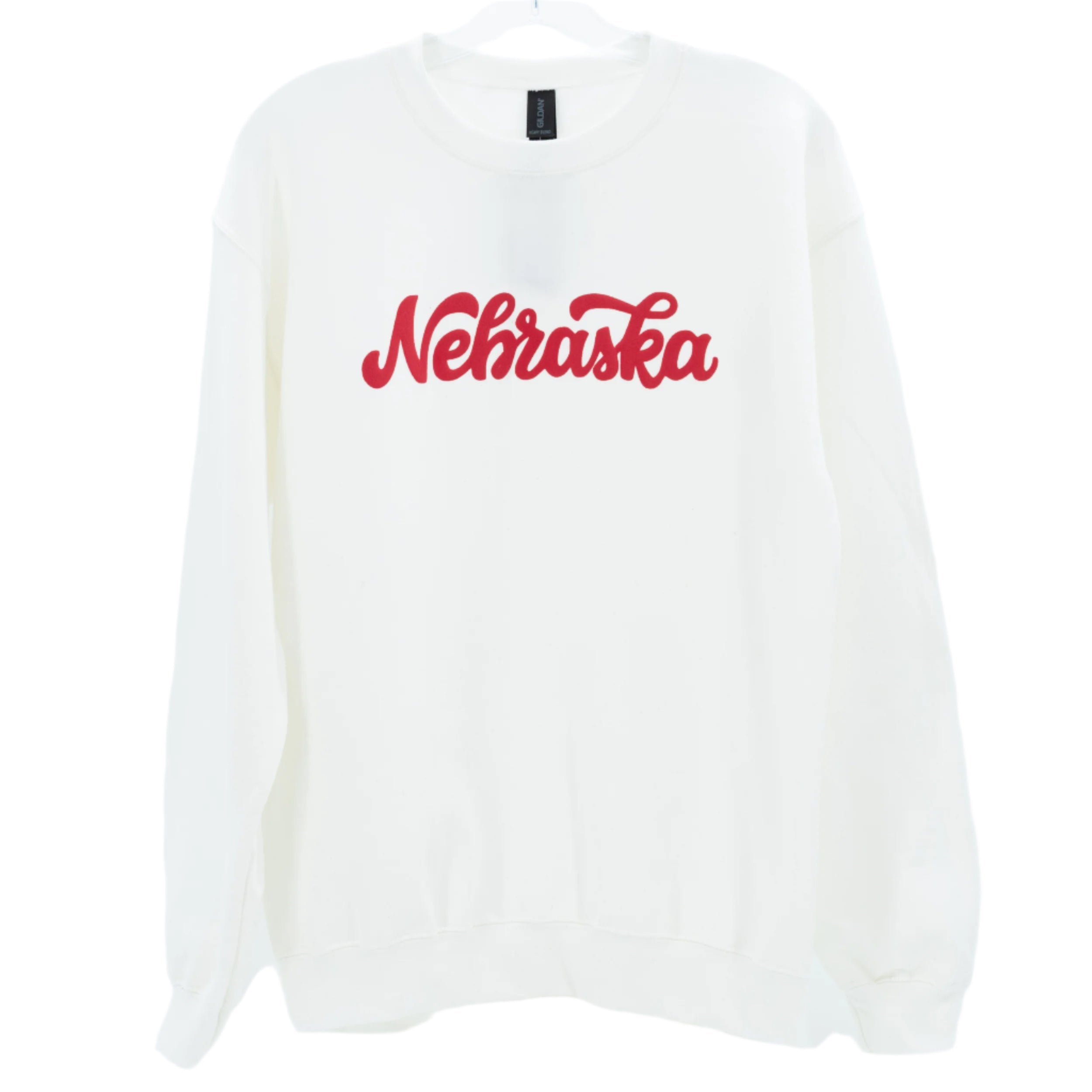 White crewneck sweatshirt with 'Nebraska' written in red script on the front.
