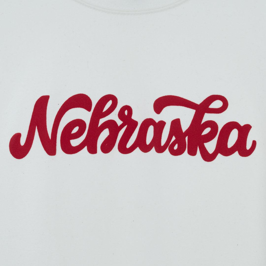 close up of nebraska font on front of sweatshirt