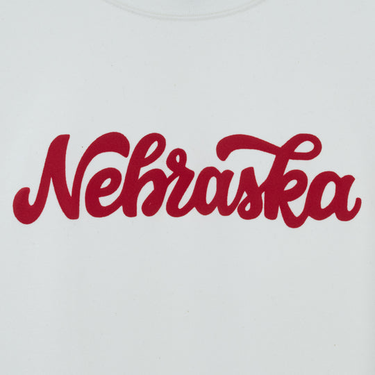close up of nebraska font on front of sweatshirt