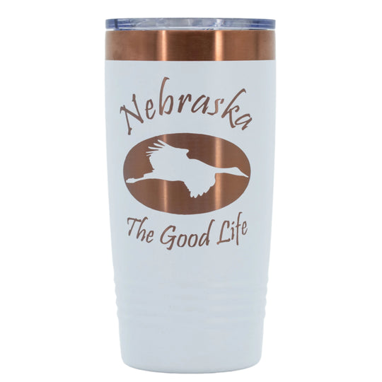 Nebraska The Good Life Sandhill Crane Stainless Steel Vacuum Insulated Tumbler | 20 oz | Rose Gold & White | RCK Creations & More
