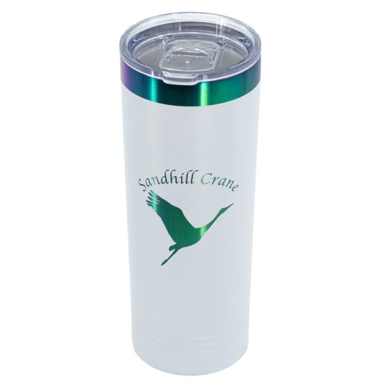 Sandhill Crane Skinny Tumbler with Slider Lid | 22 oz | Rainbow Chrome Engraving | Multiple Colors | RCK Creations & More