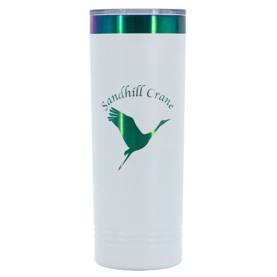 Sandhill Crane Skinny Tumbler with Slider Lid | 22 oz | Rainbow Chrome Engraving | Multiple Colors | RCK Creations & More
