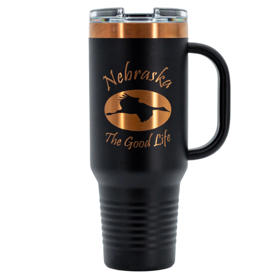 Sandhill Crane Stainless Steel Tumbler with Handle | 40 oz | Black & Rose Gold | RCK Creations & More