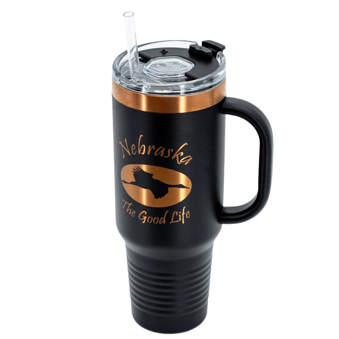 Sandhill Crane Stainless Steel Tumbler with Handle | 40 oz | Black & Rose Gold | RCK Creations & More