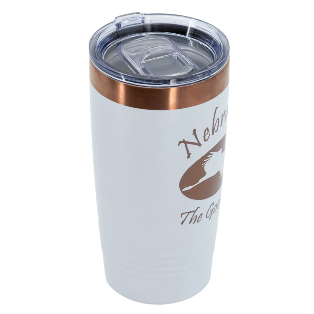 Nebraska The Good Life Sandhill Crane Stainless Steel Vacuum Insulated Tumbler | 20 oz | Rose Gold & White | RCK Creations & More