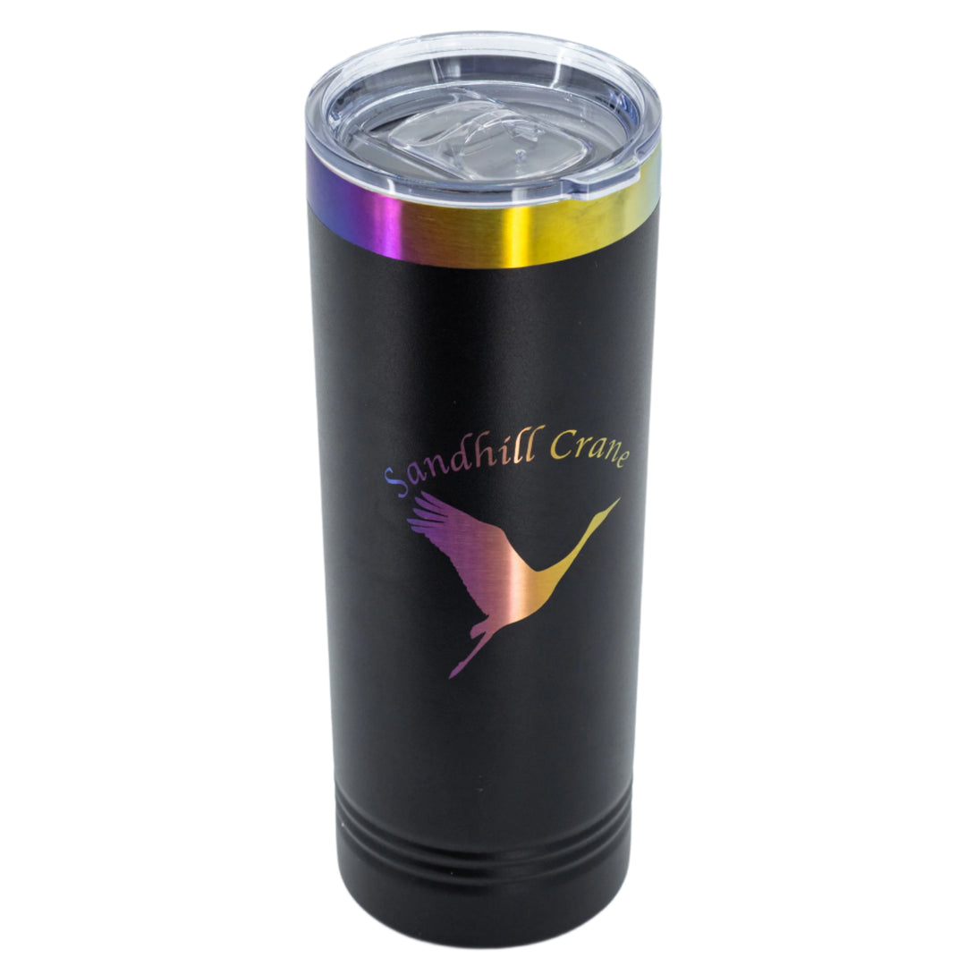 Sandhill Crane Skinny Tumbler with Slider Lid | 22 oz | Rainbow Chrome Engraving | Multiple Colors | RCK Creations & More