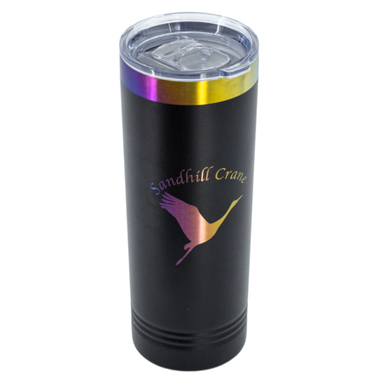 Sandhill Crane Skinny Tumbler with Slider Lid | 22 oz | Rainbow Chrome Engraving | Multiple Colors | RCK Creations & More