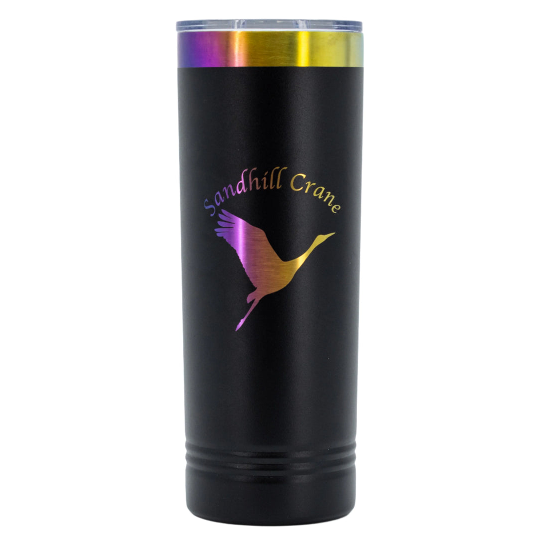 Sandhill Crane Skinny Tumbler with Slider Lid | 22 oz | Rainbow Chrome Engraving | Multiple Colors | RCK Creations & More