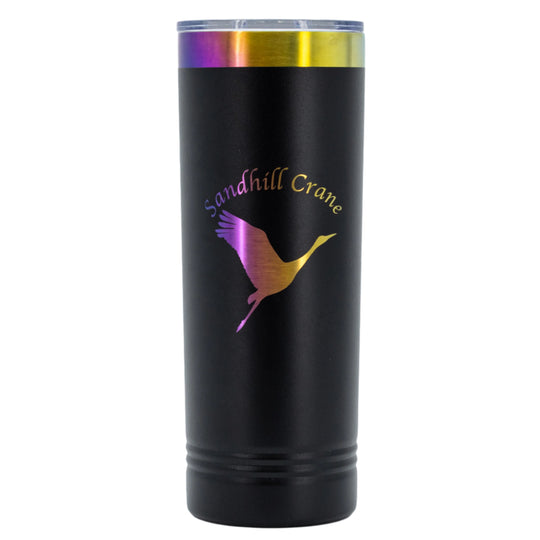 Sandhill Crane Skinny Tumbler with Slider Lid | 22 oz | Rainbow Chrome Engraving | Multiple Colors | RCK Creations & More